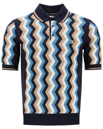 Dolce & Gabbana Silk Polo Shirt With Zigzag In - Blue