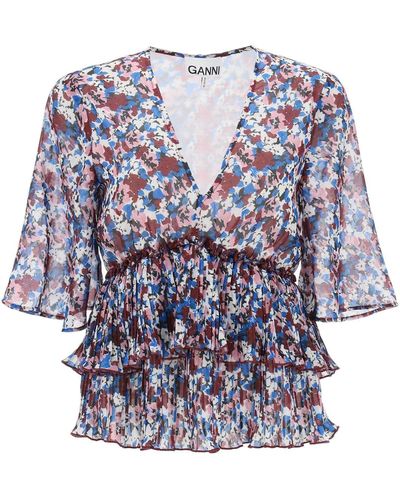 Ganni Pleated Blouse With Floral Motif - Blue