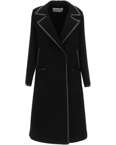 Valentino Boucle' Coat With Leather Trims - Black