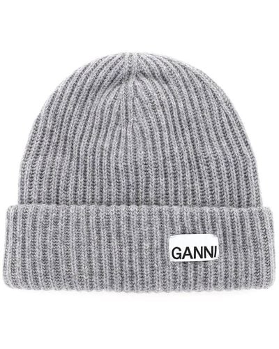Ganni Beanie Hat With Logo Patch - Grey