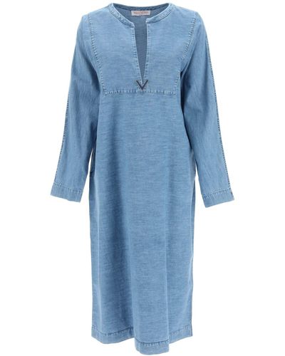Valentino Caftan Dress In Chambray Denim - Blue