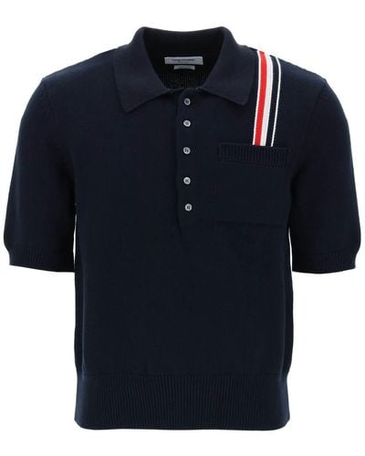 Thom Browne Cotton Knit Polo Shirt With Rwb Stripe - Blue