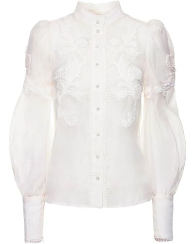 Zimmermann Wonderland Applique Linen Silk Blouse - White