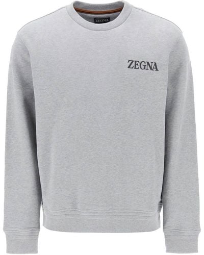 Zegna Crew Neck Sweatshirt With Flocked Logo - Grey