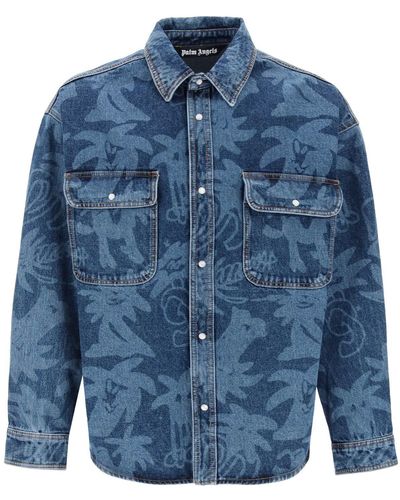 Palm Angels OVERSHIRT 'PALMITY' IN DENIM CON STAMPA LASER ALL-OVER - Blu