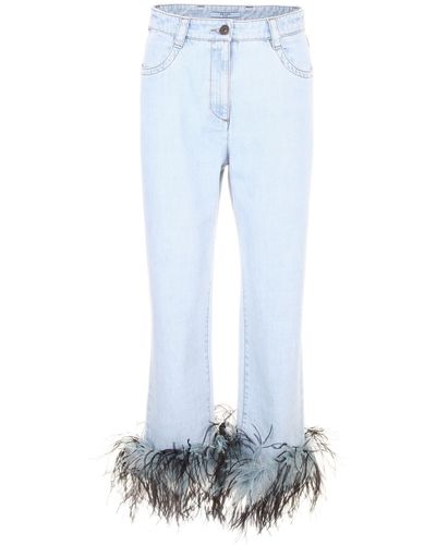 Prada Ostrich Feather Trim Denim Jeans - Blue