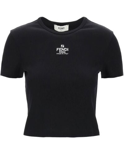Fendi Cropped T-shirt With Logo Embroidery - Black