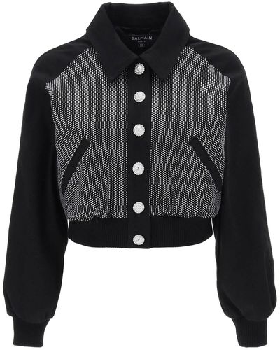 Balmain Denim Blouson Jacket With Rhinestones - Black