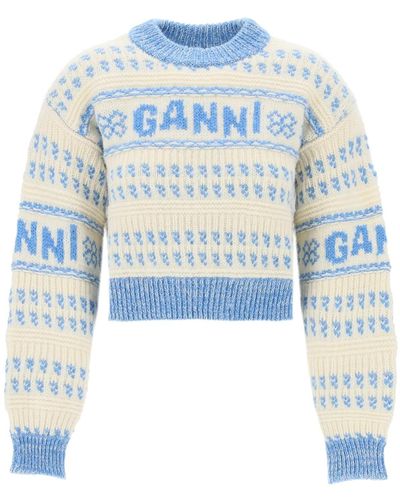 Ganni Pullover Cropped In Lana Jacquard - Blu