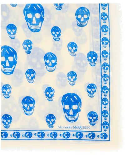 Alexander McQueen Skull Scarf In Light Wool - Blue