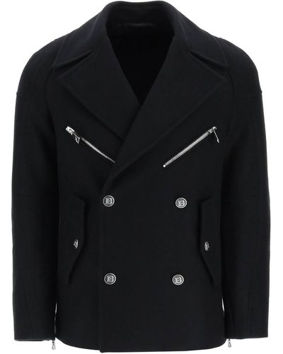 Balmain Short Double-breasted Coat With Branded Buttons - Black