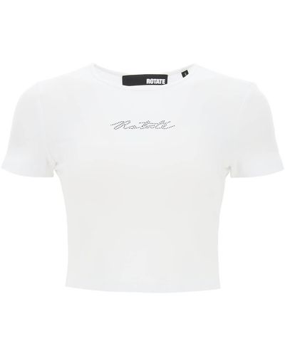 ROTATE BIRGER CHRISTENSEN Crop T Shirt Con Logo In Strass - Bianco
