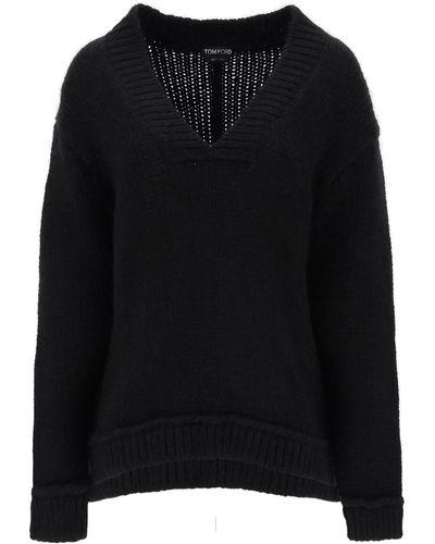 Tom Ford V Neck Sweater In Alpaca Wool - Black