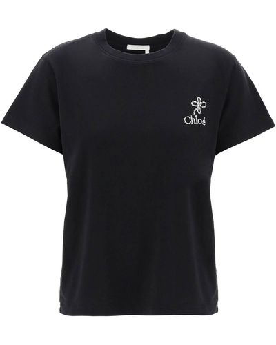 Chloé T-shirt con ricamo logo a contrasto - Nero