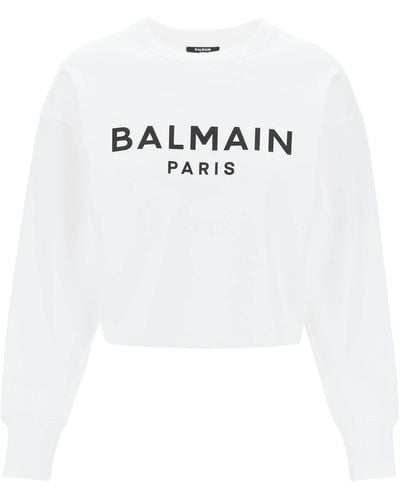 Balmain Cropped Sweatshirt With Flocked Logo - White