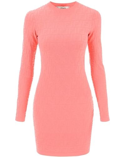Fendi Mini Dress In Jacquard Knit With Ff Monogram - Pink