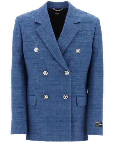 Versace Blazer Doppiopetto In Tweed Bouclé - Blu