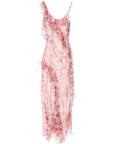 Alessandra Rich Flower Print Silk Georgette Long Dress - Pink