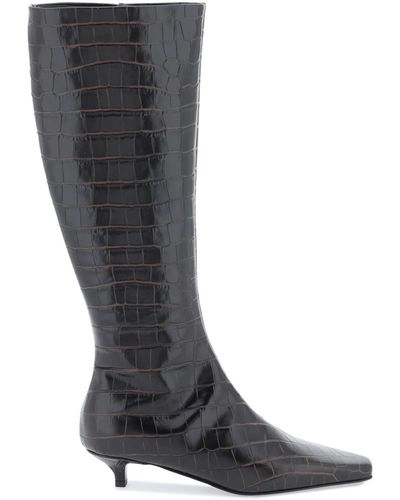 Totême The Slim Knee High Boots In Crocodile Effect Leather - Black