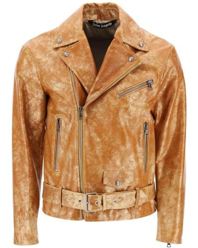 Palm Angels Pa City Biker Jacket In Laminated Leather - Brown