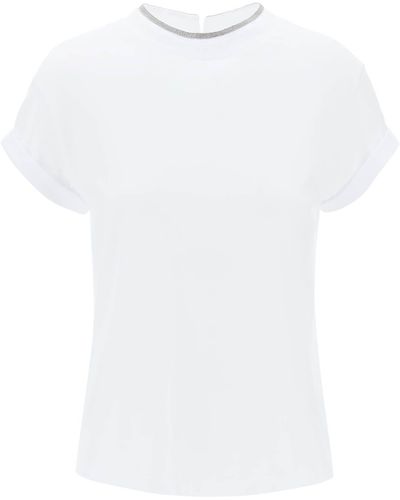 Brunello Cucinelli T Shirt In Cotone Con Precious Collar - Bianco