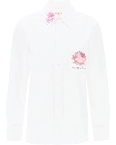 Marni Camicia Con Patch Stampa Fiori E Logo Ricamato - Bianco