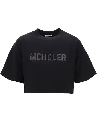 Moncler Cropped T Shirt With Sequin Logo - Black