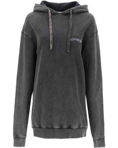 Alessandra Rich Oversized Hoodie With Print And Rhinestones - Grey
