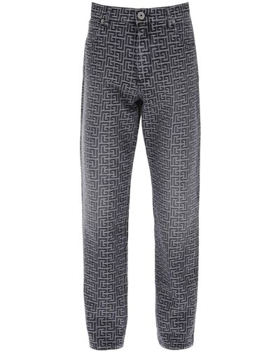 Balmain Jeans With Monogram Motif All-over - Grey