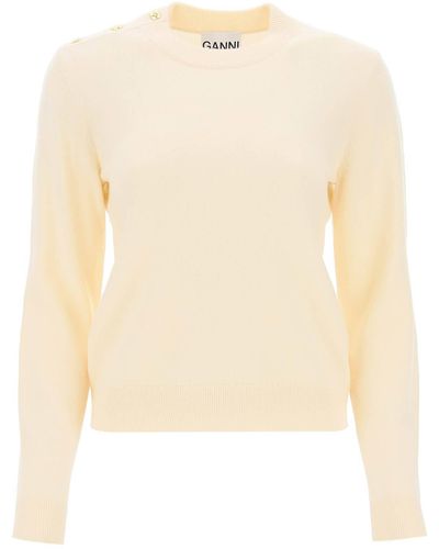 Ganni Sweater With Butterfly Buttons - Natural