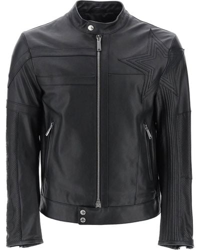 DSquared² Leather Biker Jacket With Contrasting Lettering - Black