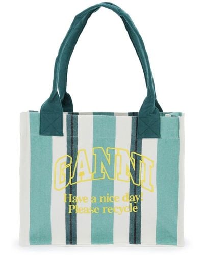Ganni Recycled Cotton Striped Tote Bag - Blue