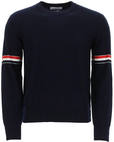Thom Browne Crew Neck Sweater With Tricolor Intarsia - Blue