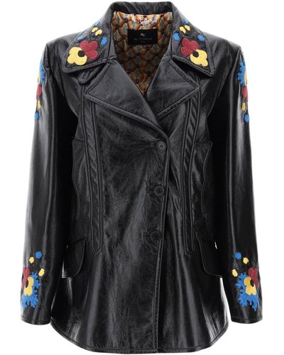 Etro Jacket In Patent Faux Leather With Floral Embroideries - Black