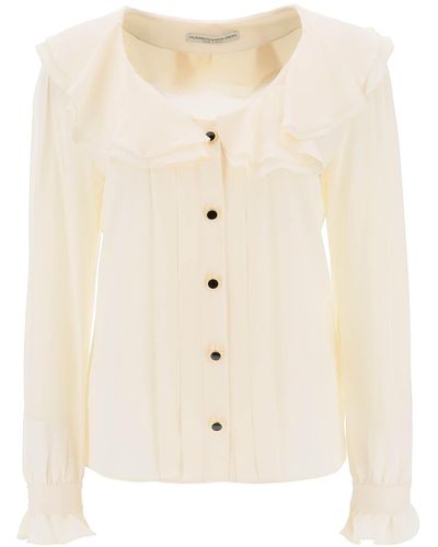 Alessandra Rich Crepe De Chine Blouse With Frills - Natural
