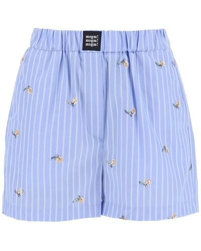 MSGM Striped Poplin Shorts With Sequin Flowers - Blue