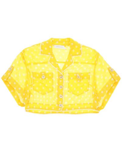 Zimmermann 'high Tide' Linen And Silk Cropped Shirt - Yellow