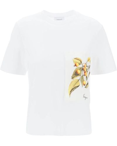 Ferragamo T-Shirt Con Inserto Stampa Botanica - Bianco