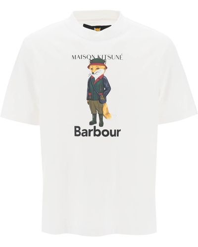 Barbour Maison Kitsuné Fox Beaufort Crew Neck T Shirt - White