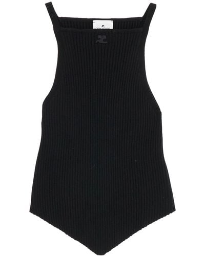 Courreges "Ribbed Knit Tank Top With Pointed Hem - Black
