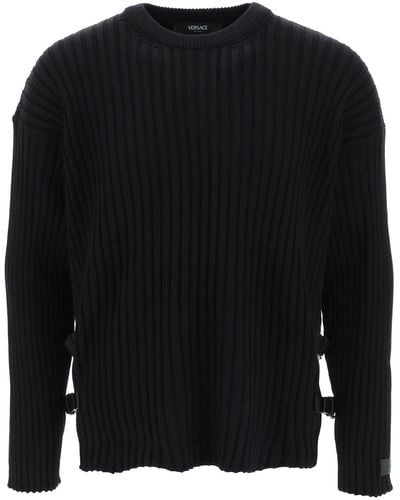 Versace Ribbed Knit Sweater With Leather Straps - Black
