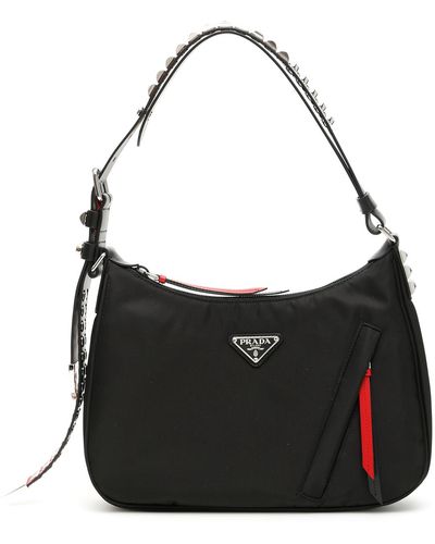 Prada Black Nylon Hobo Bag With Leather And Studs