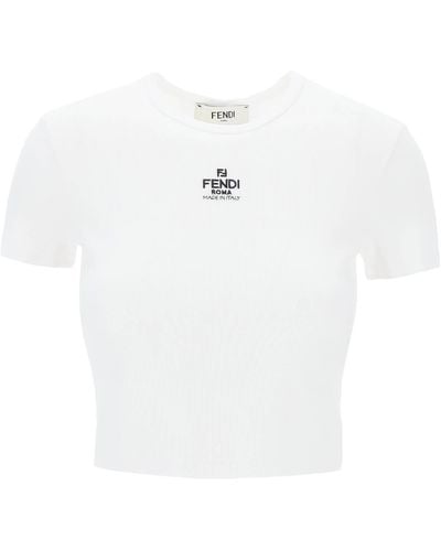Fendi T-shirt cropped con logo ricamato - Bianco
