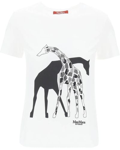 Max Mara Studio T-Shirt Con Stampa Giraffe - Bianco