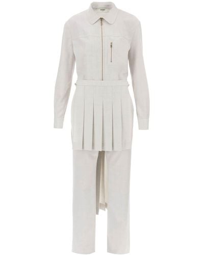Fendi Wool Jumpsuit With Pleated Panels - White