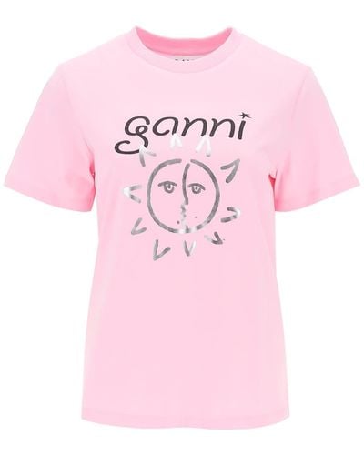 Ganni T-Shirt Girocollo Con Stampa - Rosa