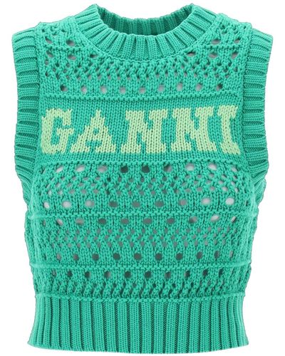 Ganni Gilet in crochet con logo jacquard - Verde