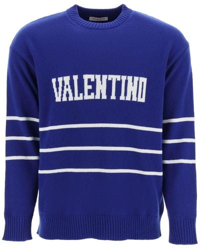 Valentino Pullover With Jacquard Lettering Logo - Blue