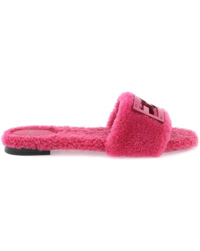 Fendi Baguette Leather & Faux Shearling Sandals - Pink