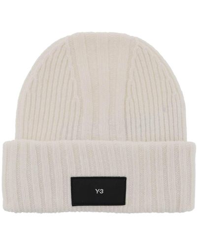 Y-3 Y 3 Beanie Hat In Ribbed Wool With Logo Patch - White